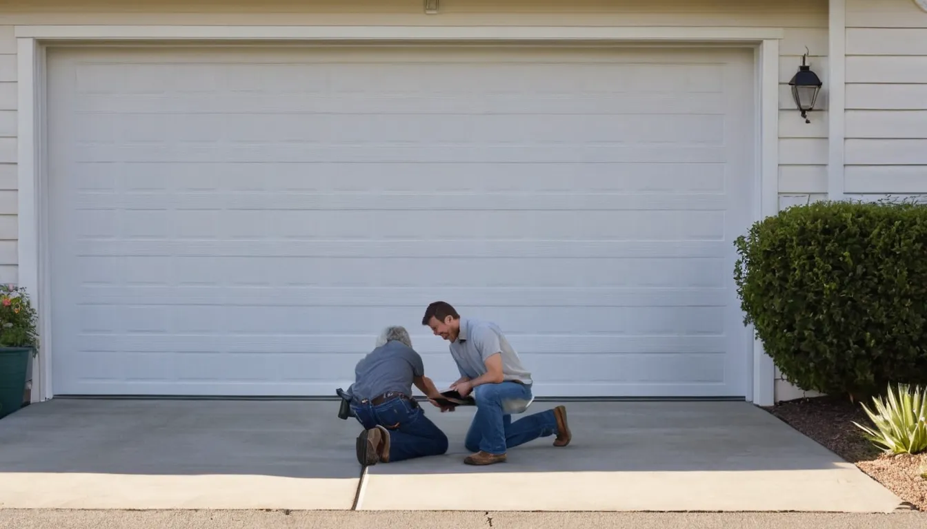 Friendly garage door provider checking a spring and track at a Schaumburg home while the homeowner looks on